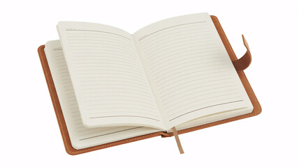 Fototapeta premium An open brown leather-bound notebook with lined pages and a bookmark, ready for writing or journaling on a white background.