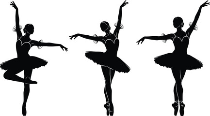 Set of black ballerina silhouettes performing graceful ballet dance poses in tutus for classical theater arts and gymnastics performance concepts © Sumona