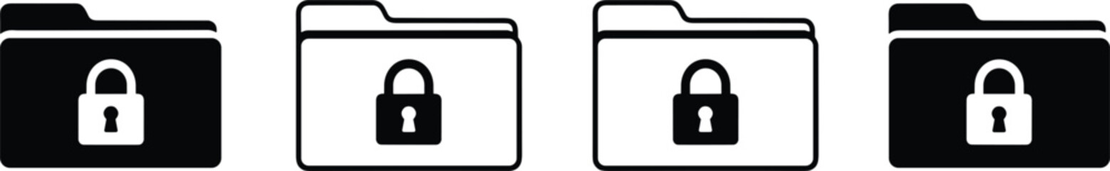 Secure file folder icon set featuring locked directory symbols for confidential data storage, encrypted private documents, and cyber security vector design. © Mohammad