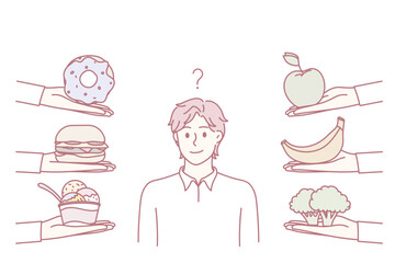 Choosing lifestyle and diet concept. Young frustrated man standing trying to choose between healthy balanced vegetarian foods and fast food vector illustration