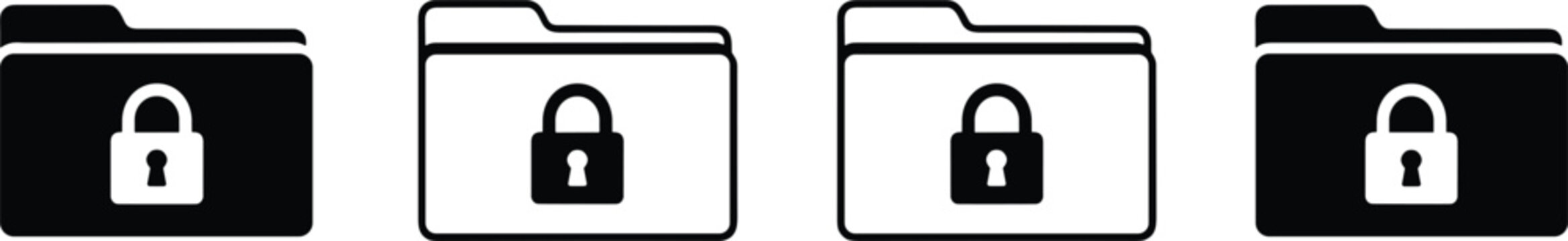 Secure file folder icon set featuring locked directory symbols for confidential data storage, encrypted private documents, and cyber security vector design.