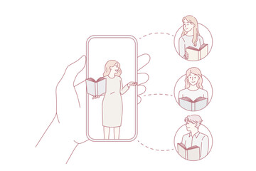 Online education and lesson concept. Young woman teacher explaining material of lesson to children learning online on smartphones vector illustration