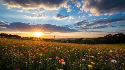 A serene sunset scene over a vibrant field of colorful wildflowers in a rural landscape with cloudy skies