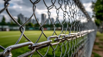 Close-up of galvanized chain-link fence with blurred green grass sports field in background showing sharp metal texture and bright light.