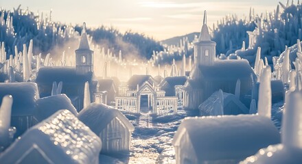 Snowy village landscape with church steeples and frosty rooftops at sunrise or sunset in winter with cold and ice and architecture and buildings