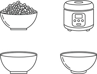 Obraz premium Minimalist kitchenware icons featuring an electric rice cooker, snack bowls, and a popcorn bowl for home cooking, kitchen appliances, and snack-time vector design.