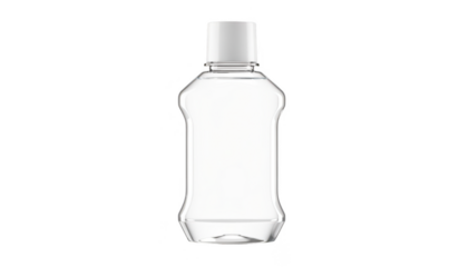 Alcoholfree mouthwash bottle with clear liquid isolated on white background representing safe and gentle oral care for sensitive mouths.