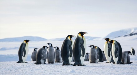 Obraz premium Group of emperor penguins huddled together on snowy icy terrain