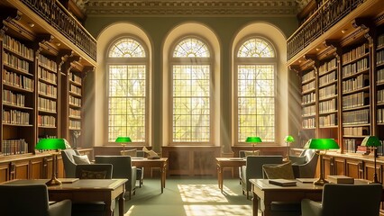 People sit at wooden desks in a large library with tall bookshelves and arched windows