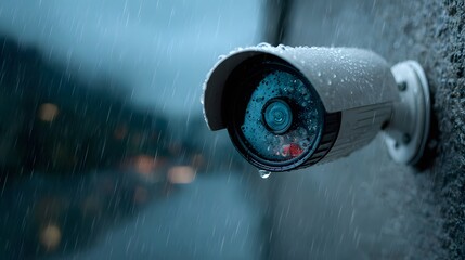 Close-up of white security CCTV camera mounted on textured wall during heavy rainstorm with water droplets on lens housing in moody light.