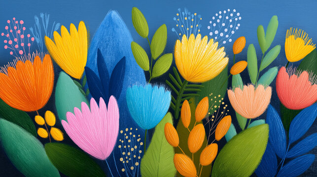 Vibrant Floral Fantasy: A captivating, digitally crafted illustration of colorful flowers in an idealized garden.