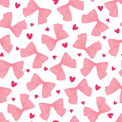Seamless pattern with coquette hand-drawn pink bows with striped pattern and tiny hearts for feminine branding, stationery, and textile design. Vector illustration.
