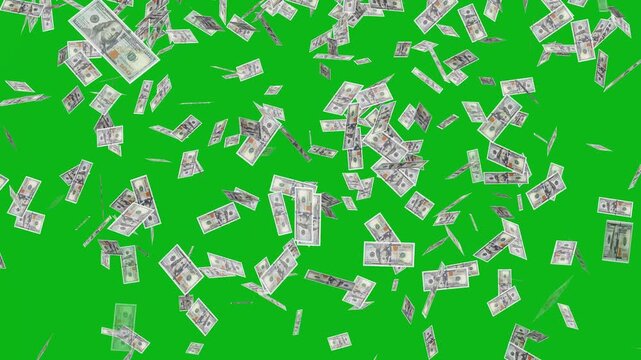 One hundred dollar bills falling down on green screen background. Money rain down from the green sky. Money explosion and rain overlay. It's like a big procession of money has come out of the sky.
