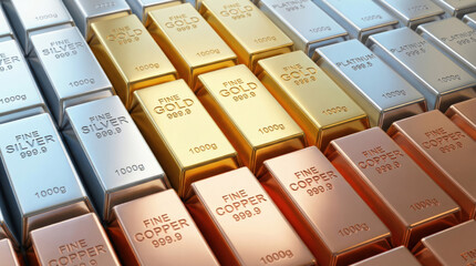 Stacked fine gold silver copper and platinum bars stamped 999 9 and 1000g gleam with luxurious metallic sheen suggesting wealth and secure investment
