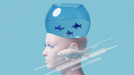 Surreal mannequin head features glass fishbowl helmet with blue goldfish and white koi swimming amid floating geometric bars on soft cyan background evoking tranquil curiosity