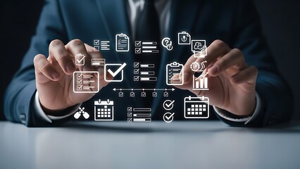 Businessman interacting with digital workflow management interface