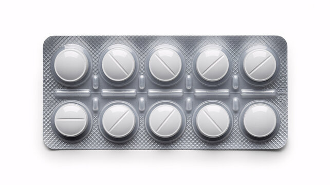 A blister pack containing ten white round pills on a white background.