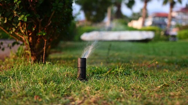 Irrigation system maintains humidity in garden, and efficient watering keeps backyard lush and green on hot summer days. Sprinkler system provides even spray of water for summer lawn care