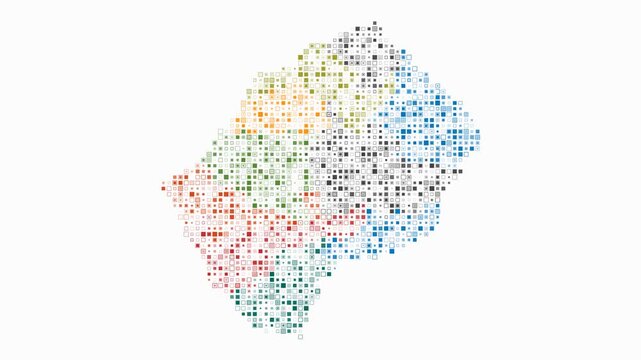 Lesotho animated country shape. Pulsating colored dots on the map of the country. Small size square blocks. Digital style Lesotho map on white background. Vibrant animation video.
