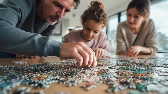 Family members gather around a table, focusing intently as they assemble a large jigsaw puzzle together. The cozy indoor setting highlights teamwork and bonding moments