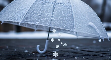 Clear umbrella on a snowy day with snowflakes falling around it on wet pavement with winter and weather and storm and cold and rain and precipitation