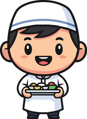 Obraz premium A happy Muslim boy character holding a tray of food, representing sharing, hospitality, or breaking the fast (Iftar).