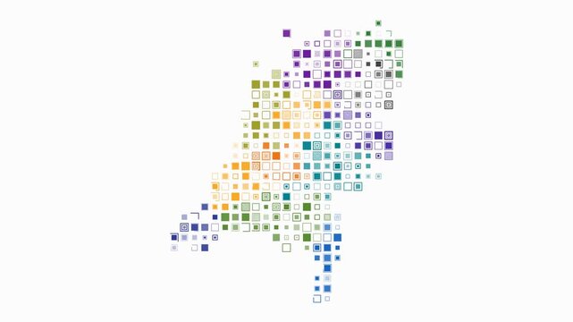 Netherlands animated country shape. Pulsating colored dots on the map of the country. Large size square blocks. Digital style Netherlands map on white background. Amazing animation video.
