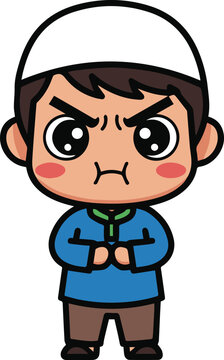 A cute Muslim boy in a blue shirt with a green collar, looking very angry with puffed cheeks and large expressive eyes.