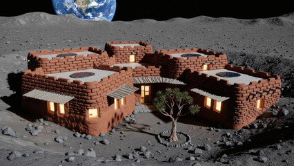 A futuristic lunar habitat made of red brick with solar panels and a tree on the moon's surface with Earth in the background.