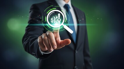 Businessman optimizing SEO with magnifying glass in modern workspace