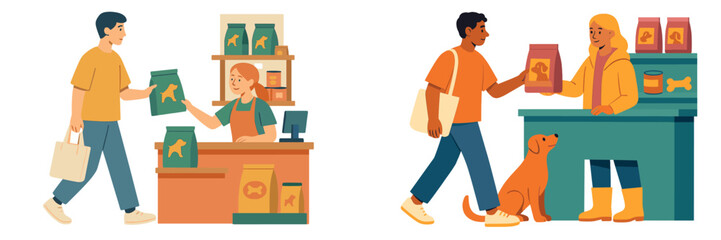 Pet owners buying food from a store in a friendly environment