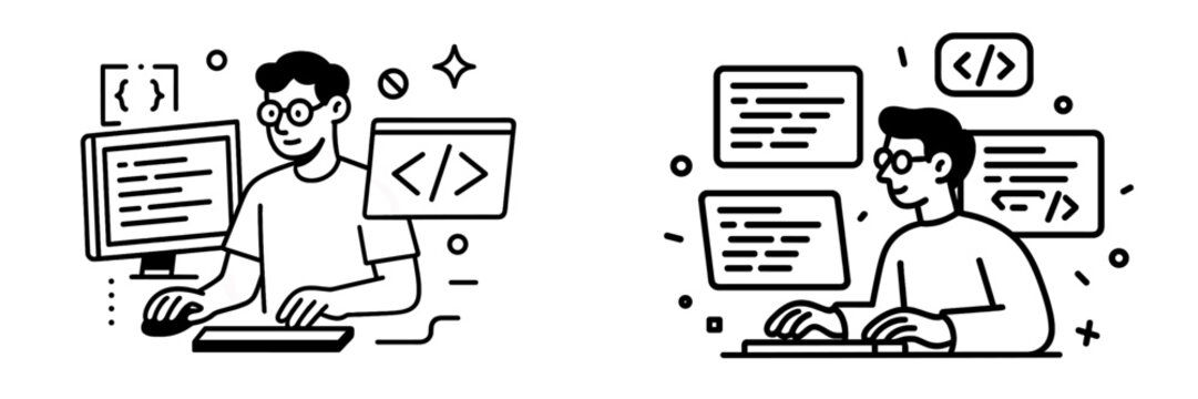 Creative programmer engaged in coding with dual screens in workspace