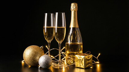 Two tall clear champagne flutes filled with sparkling wine beside a gold-foiled bottle glittering baubles fairy lights and a wrapped gift celebrating the moment