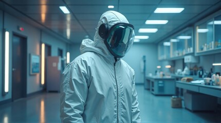 Scientist in Protective Suit Wearing Visor in Modern Laboratory