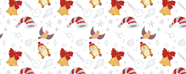 Horizontal vector wrapping paper design with a seamless Christmas pattern. Festive, bright, and cozy. Perfect for gift wrap, retail packaging, holiday branding, prints, and seasonal decorations.