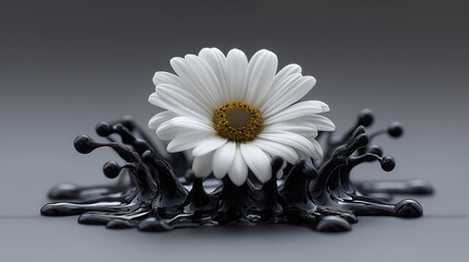 White daisy flower surrounded by black magnetic ferrofluid spikes representing nature and physics symbiosis