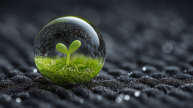 Green seedling encapsulated in water droplet on black superhydrophobic nano-textured surface representing agricultural innovation