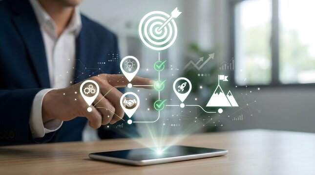 Businessman using digital interface for strategic planning, goal achievement, innovation and success roadmap on a tablet device, futuristic hologram icons - Powered by Adobe