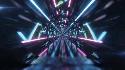 A futuristic tunnel with neon lights and a reflective floor, speeding through a dark, high-tech corridor with glowing lines. Possible use in sci-fi or technology advertising - Powered by Adobe