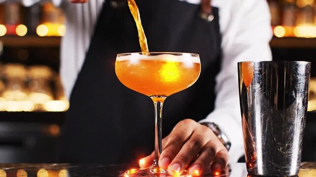 Bartender pours a vibrant cocktail into a glass