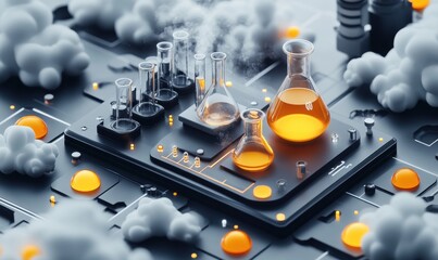 Abstract laboratory setup with glassware and simulated smoke background