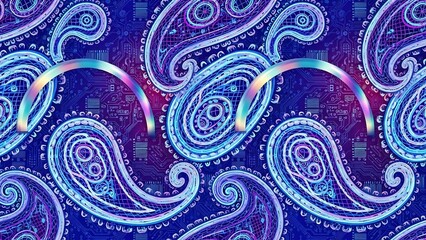 Vibrant Blue Swirling Paisley Pattern Background.