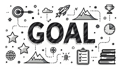 Cartoon Style Black and White Goal Achievement Illustration with Success Icons and Doodle Elements