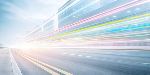 Blurring light trails on a highway in front of a modern building at dawn