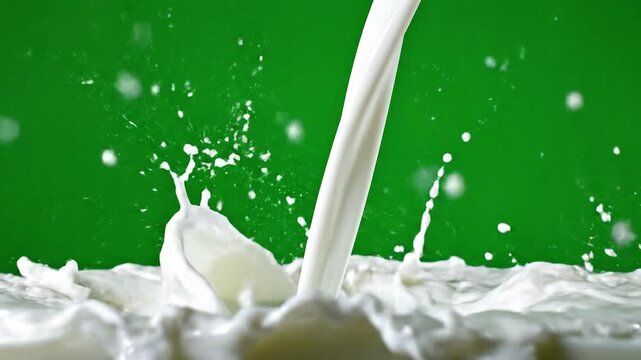 Milk splashing dramatically against a vibrant green background