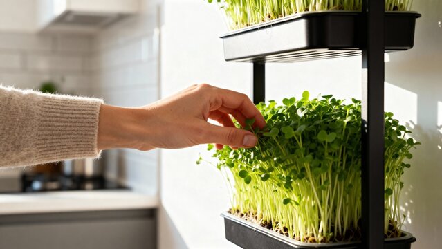 Hand reaching for microgreens in home hydroponic setup  
