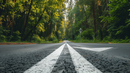 Fototapeta premium Business recovery concept and challenge to success idea. Future ahead from 2022 to 2030 with arrow on highway road and white marking lines in the forest