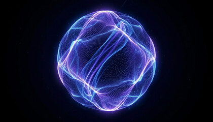 Obraz premium Neon Futuristic 3D Energy Sphere with Blue and Purple Digital Waves and Particles