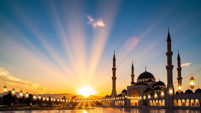 Nighttime mosque silhouette illuminated under crescent moon and starry sky