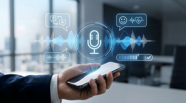 Voice recognition interface on smartphone with microphone icon,waveforms and translation symbols,AI speech assistant technology in modern office - Powered by Adobe